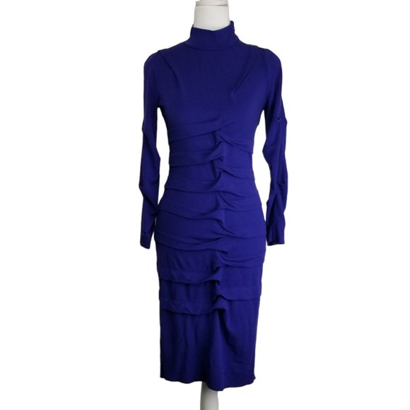 Nicole Miller Studio One Mock Neck Pleated Fitted Dress Blue Small - Picture 1 of 16